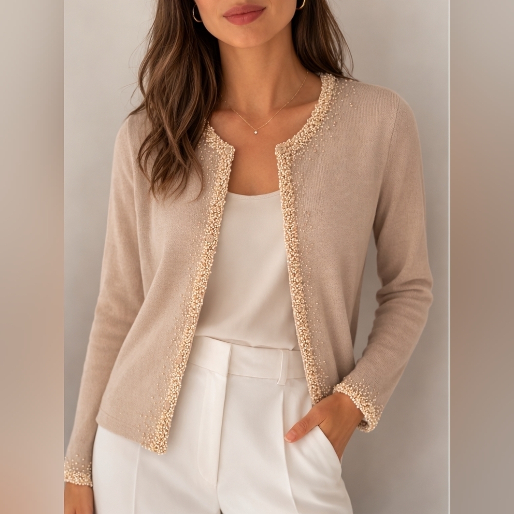 Jaeger Silk Cashmere Beaded Cardigan M Quiet Luxury Neutral Knit Old Mone